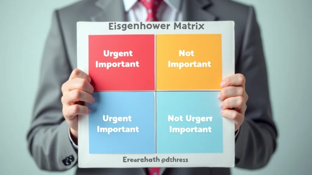 Four quadrant matrix diagram showing urgent-important axes with visual labels and color coding