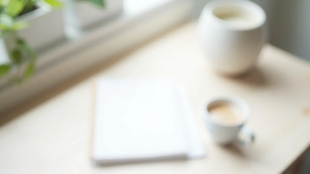 Minimalist desk setup with clock, notebook, and single coffee cup showing calm workspace