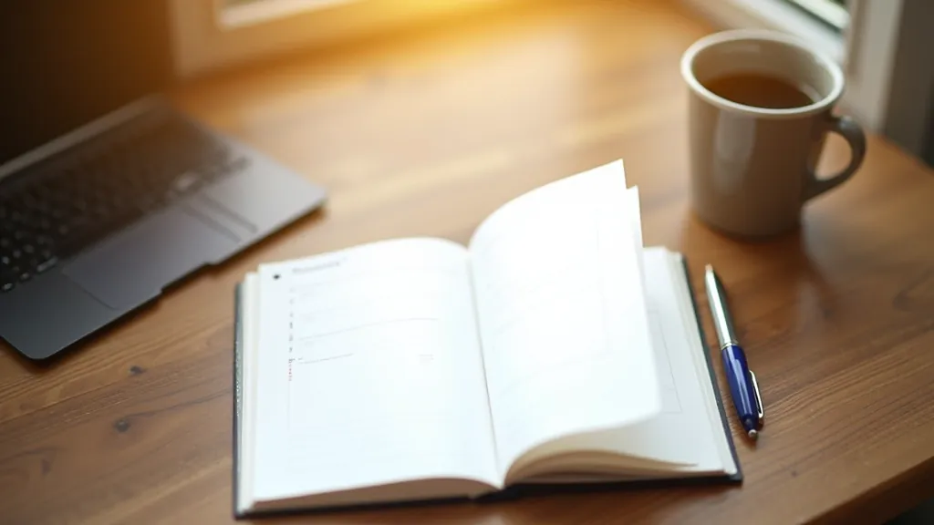 Planner notebook open on wooden desk with pen and coffee cup, morning light streaming through window