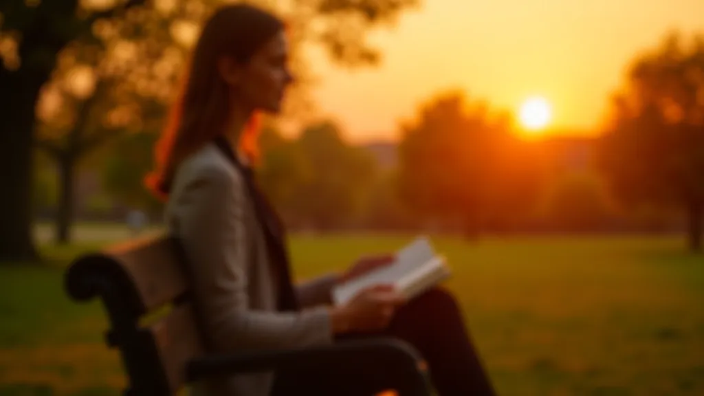 Person relaxing outdoors with book in park, evening light, balanced lifestyle