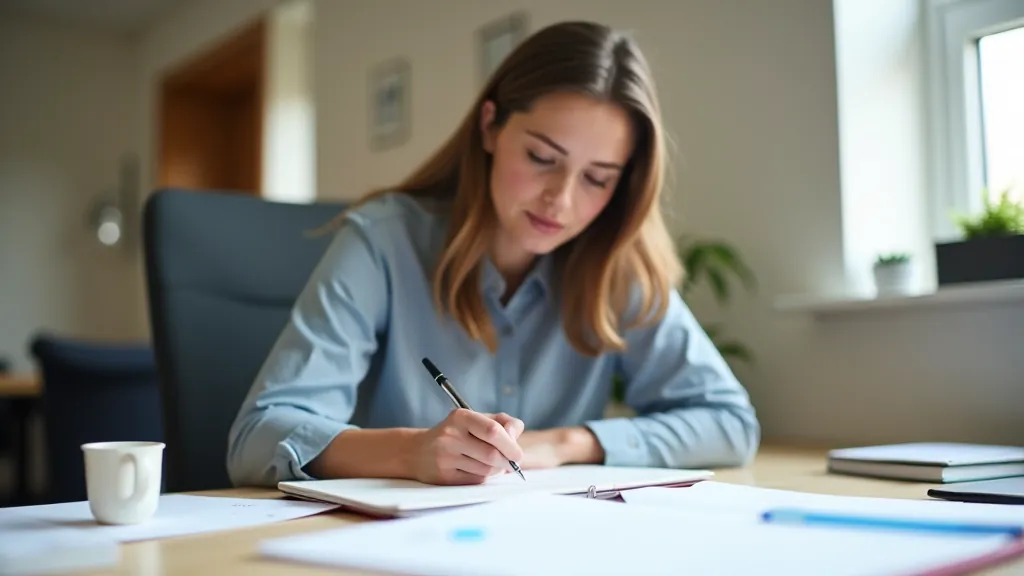 Person writing priority list on notepad at desk with organized workspace, clear and focused